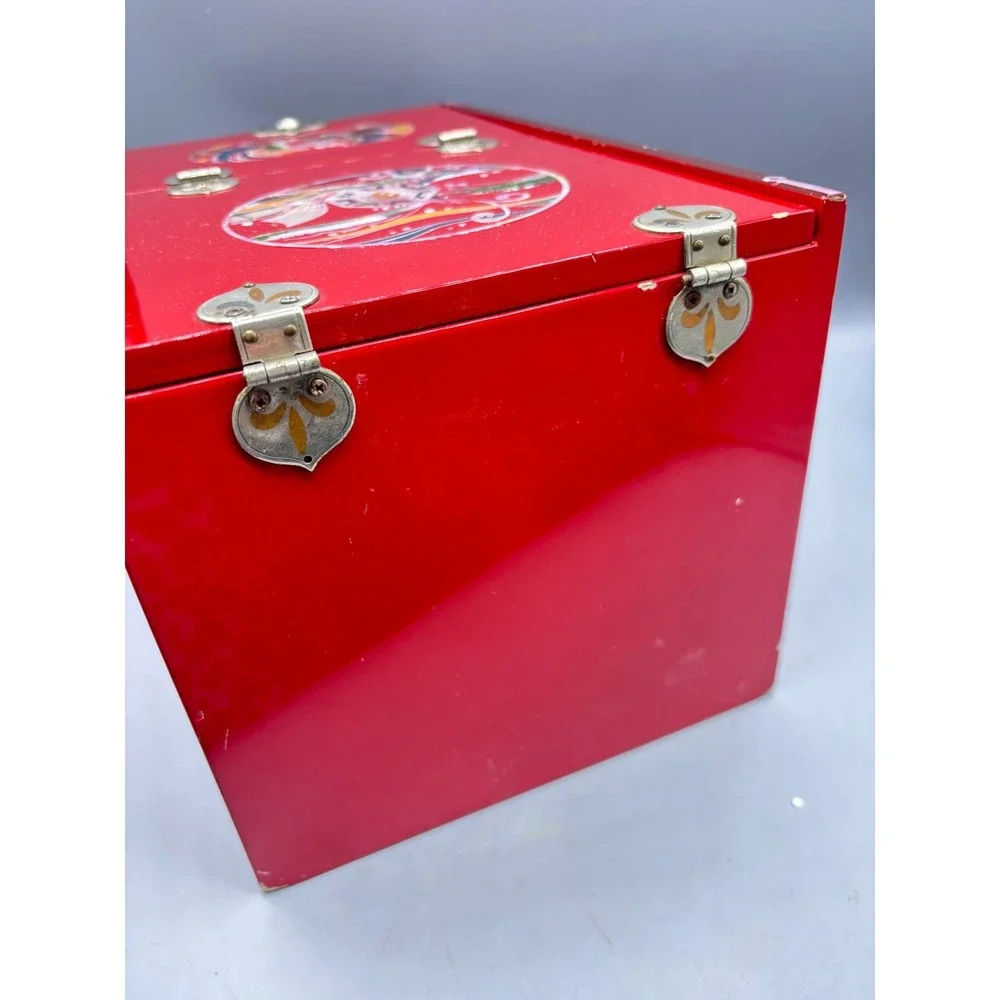 Vintage Red Lacquer Jewelry Box Sun‎ Moon Deer Inlay Brass Accents Asian
